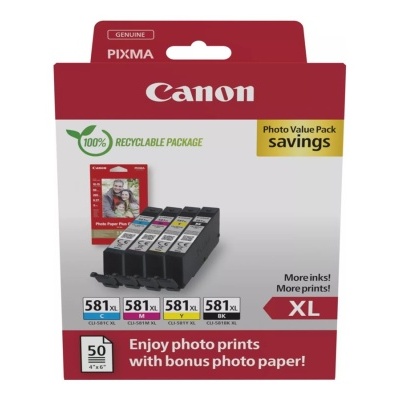 Embalagem de cartuchos de tinta Canon PIXMA XL com quatro cores e texto promocional.