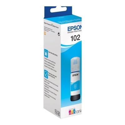Cartucho tinta Epson 102 ciano em embalagem branca e azul