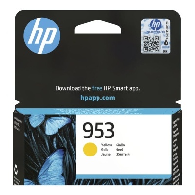 Embalagem de tinta para impressora HP 953 amarela com design de borboletas azuis.