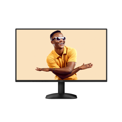 Monitor AOC preto com imagem de homem sorridente com óculos de sol e polo amarelo