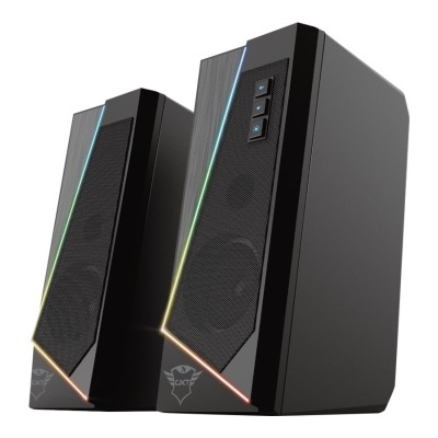 Par de colunas de computador pretas com luzes LED coloridas e botões