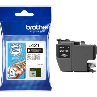 Cartucho de tinta Brother LC421BK preto com embalagem azul e branca