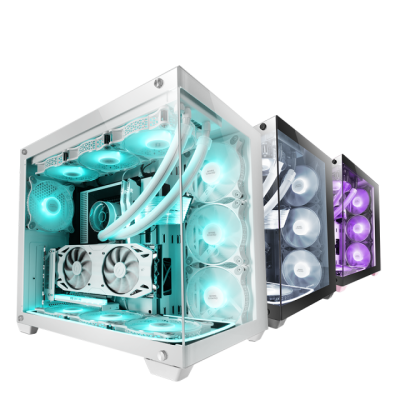 Três torres de computadores desktop com ventiladores de LED em vidro transparente