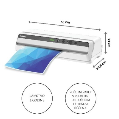 Laminador branco com papel azul a sair e dimensões indicadas