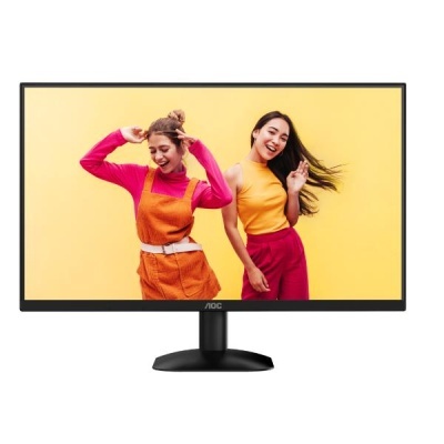 Monitor AOC preto com imagem colorida no ecrã.