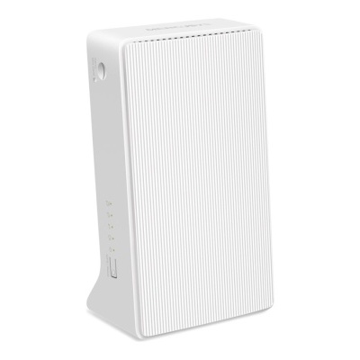 Roteador Wi-Fi branco com textura de linhas verticais e base inclinada