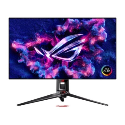 monitor ASUS OLED com suporte preto e fundo colorido
