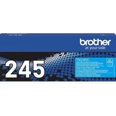 Caixa de toner Brother TN245C azul e preta com texto e número 245