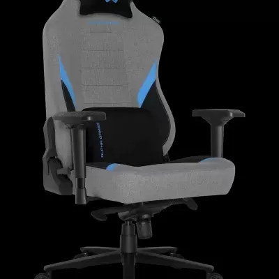 cadeira gaming cinzenta e azul com apoio de cabeça e lombar