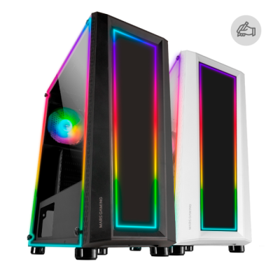 Duas torres de computador gaming preto e branco com iluminação RGB e painéis de vidro