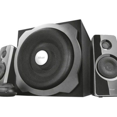 Sistema de som Trust com duas colunas satélite e subwoofer preto e prateado
