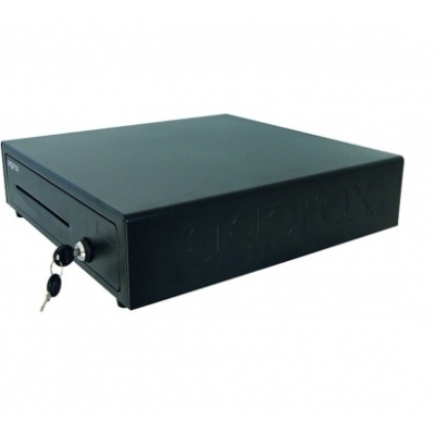 Caixa de dinheiro preta com fechadura e chave