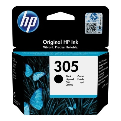 Embalagem de tinta original HP 305 preta com design de borboletas azuis