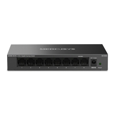Comutador de desktop MercuryS de 8 portas Gigabit preto com portas RJ45 numeradas