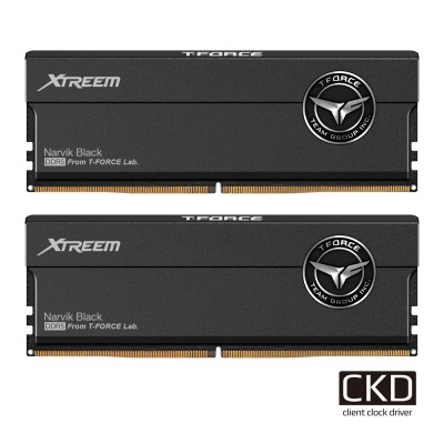 Dois módulos de memória RAM DDR5 pretos XTREEM Narvik Black com logo T-FORCE Team Group Inc.