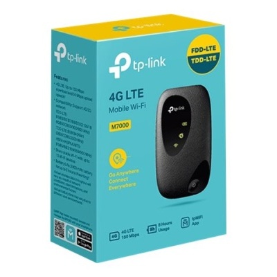Caixa azul e amarela do tp-link 4G LTE Mobile Wi-Fi M7000 com imagem do dispositivo preto
