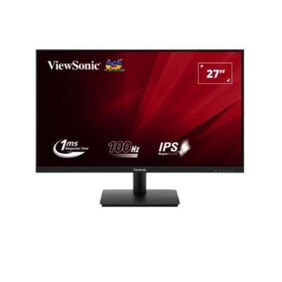 Monitor ViewSonic preto de 27 polegadas com indicações técnicas no ecrã