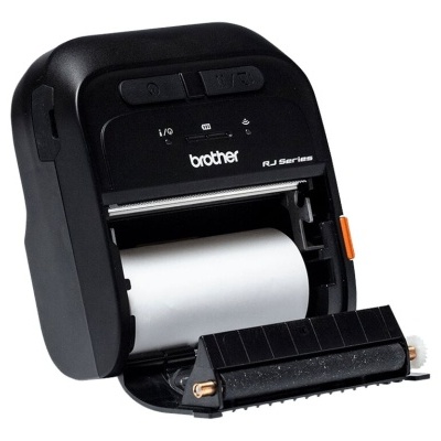 Impressora portátil Brother RJ Series preta com rolo de papel aberto