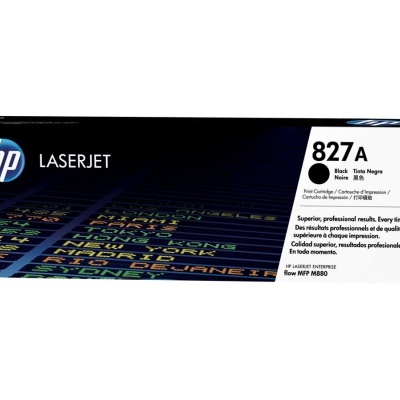 Caixa de cartucho de impressora HP LaserJet 827A CF370A preta com detalhes azuis e brancos.