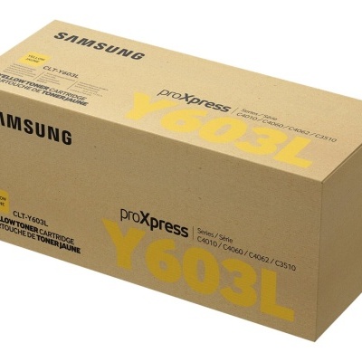 Caixa de toner amarelo Samsung proXpress Y603L em cartão castanho.