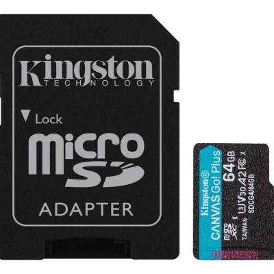 Adaptador microSD Kingston preto com cartão microSD Canvas Go Plus 64GB