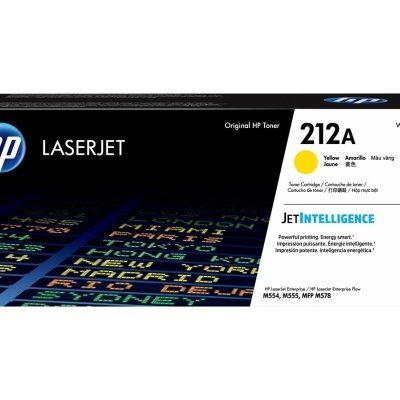 Cartucho de toner HP LaserJet 212A amarelo em embalagem preta e branca