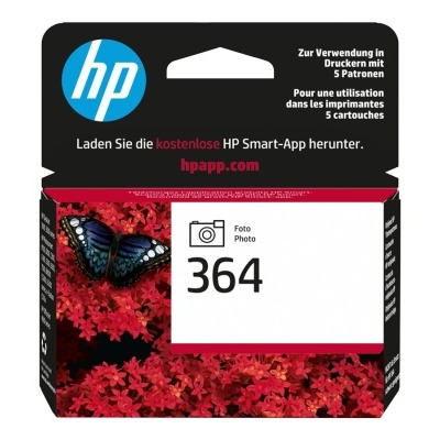 Caixa de tinteiro HP 364 com design vermelho e borboleta azul
