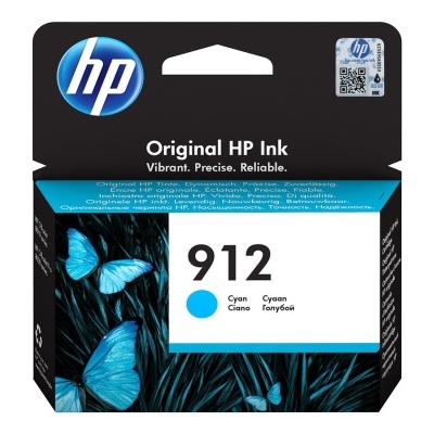 Tinta HP 912 ciano com borboletas azuis na embalagem
