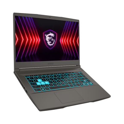 Portátil cinza MSI com teclado retroiluminado azul e ecrã com logótipo de dragão