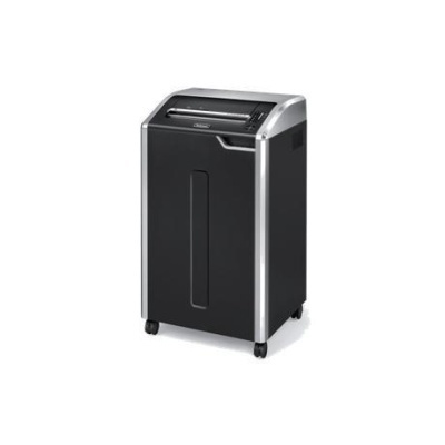 Triturador de papel preto com detalhes prateados e rodas