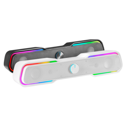 Dois altifalantes de barra RGB preto e branco com botão redondo azul