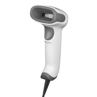 Leitor de código de barras branco com detalhes cinza e cabo preto