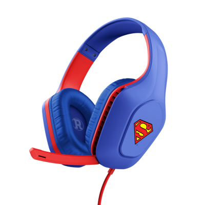 headset azul e vermelho com logótipo do Superman e microfone