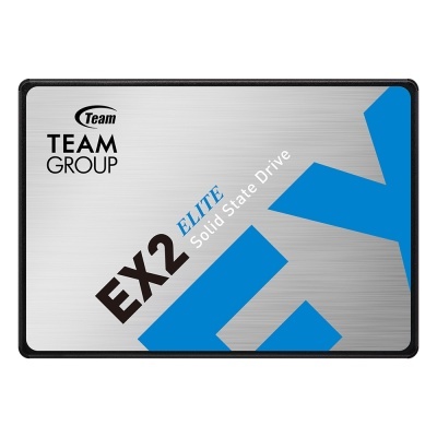 SSD Team Group EX2 Elite com fundo prateado e detalhes azuis