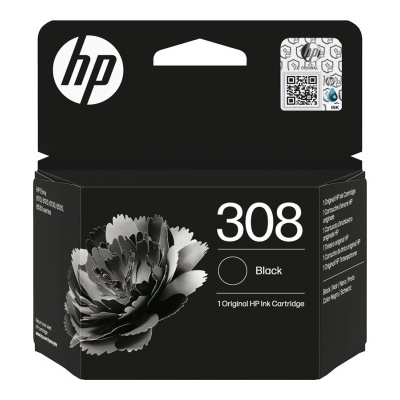 Embalagem de cartucho de tinta HP 308 preta com imagem de flor cinza