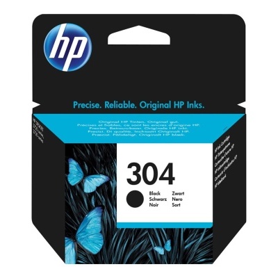 Cartucho tinta HP 304 preto em embalagem preta com logotipo HP e detalhes azuis