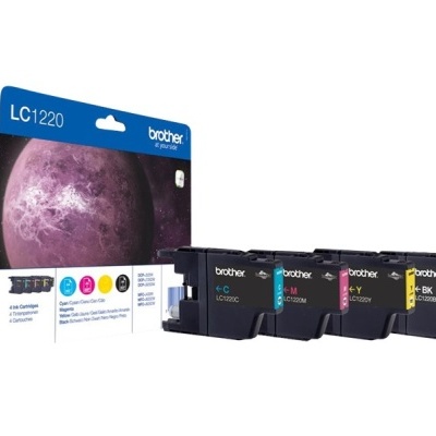 Conjunto de tinteiros Brother LC1220 para impressora com embalagem azul e imagem de planeta