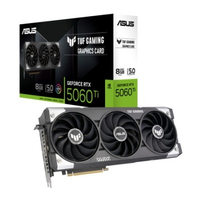 Placa gráfica ASUS TUF GAMING GeForce RTX 5060 Ti com 3 ventoinhas e embalagem.