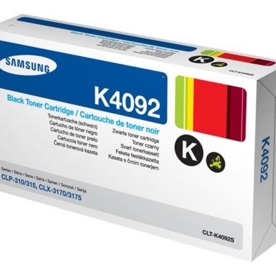 Caixa de toner preto Samsung K4092 com texto e faixas coloridas