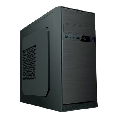 Computador desktop em torre preta com painel frontal metálico e entradas USB