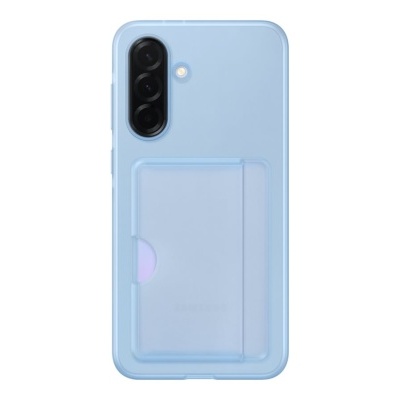 Smartphone azul claro com capa transparente e suporte para cartões