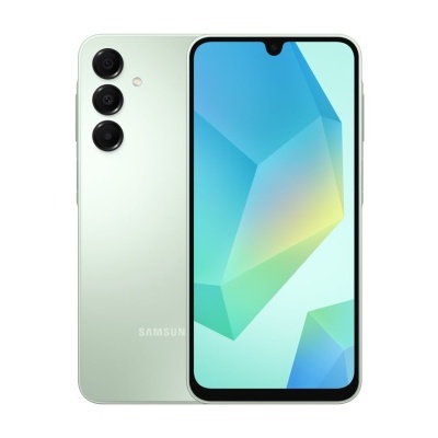 Smartphone Samsung verde claro com três câmaras traseiras e ecrã frontal com entalhe de gota