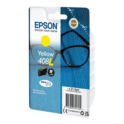 Cartucho de tinta amarelo Epson 408L em embalagem azul