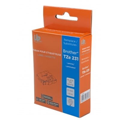 Embalagem de etiqueta Brother TZe 231 laminada preta sobre branca.