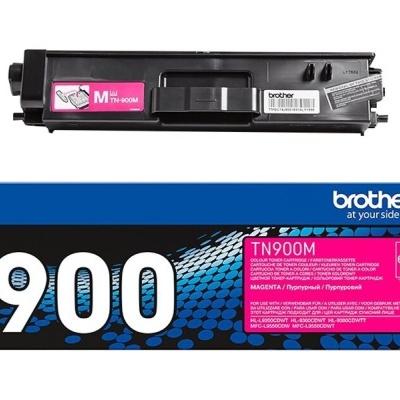 Cartucho de toner Brother TN-900M magenta com embalagem preta, azul e rosa