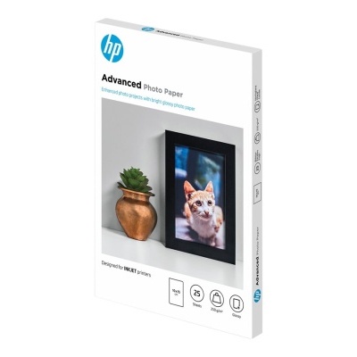 Embalagem de papel fotográfico HP Advanced com foto de cão e vaso