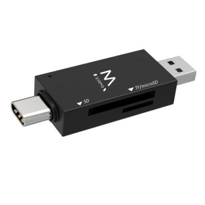 Leitor de cartões preto com entradas USB tipo A e tipo C