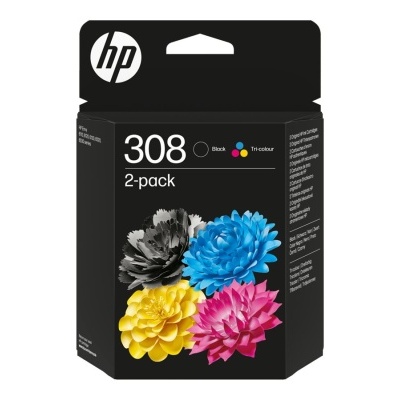 Embalagem preta de cartucho de tinta HP 308 com imagens coloridas de flores
