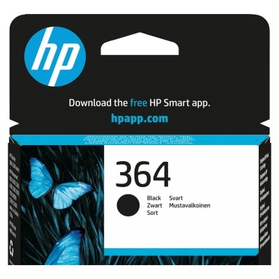 Embalagem da tinta para impressora HP 364 preta com borboletas azuis