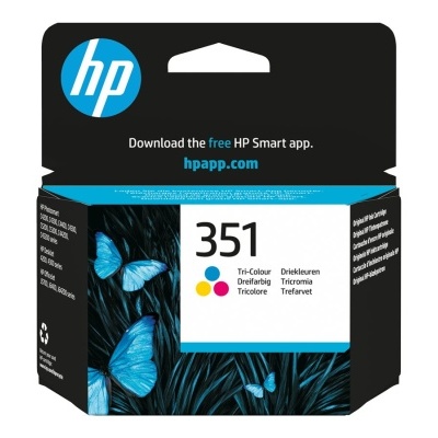 Cartucho HP 351 Tri-Colour com borboletas azuis na embalagem
